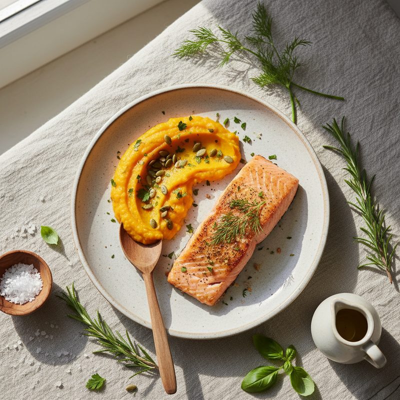 Salmón al horno con puré de calabaza