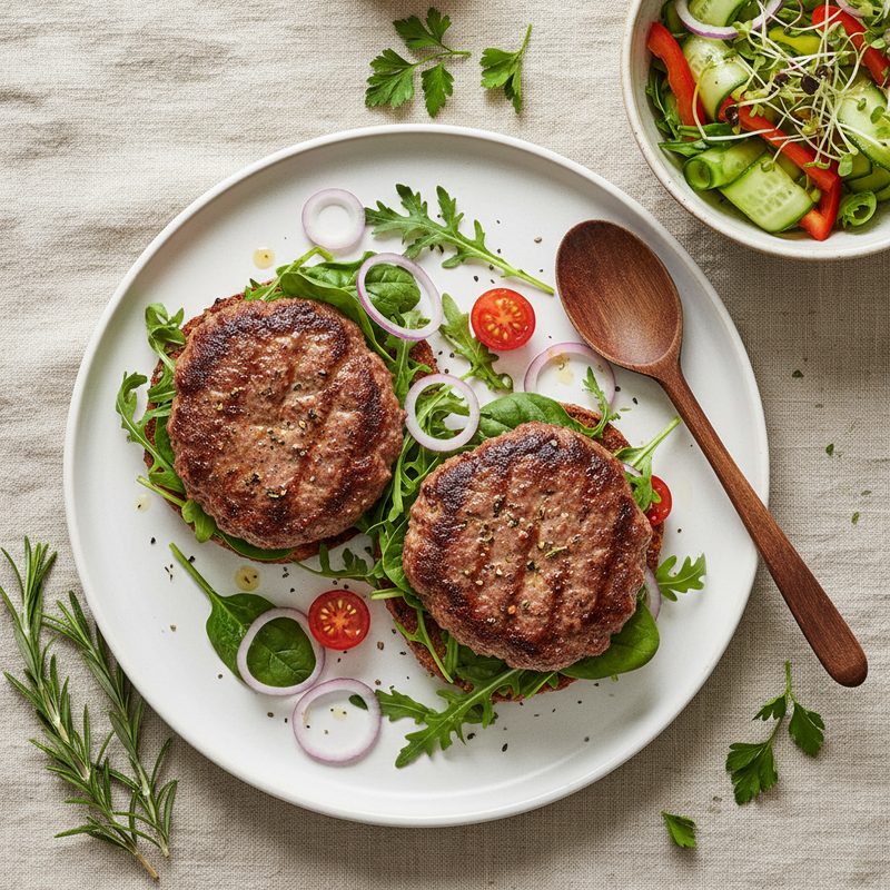 Hamburguesas caseras de carne magra con ensalada