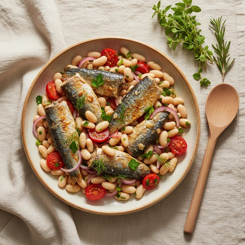 Sardinas al horno con ensalada de porotos