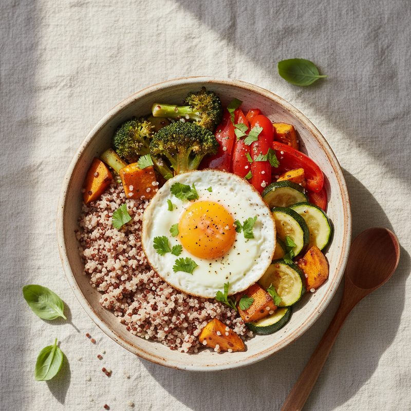 Bowl de quinoa, vegetales asados y huevo