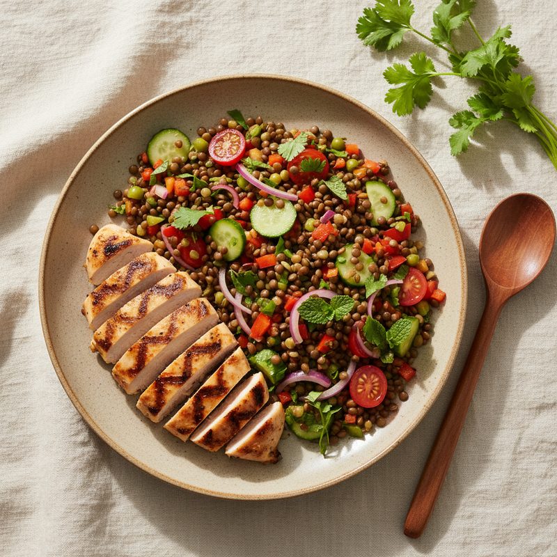 Pollo grillado con ensalada de lentejas