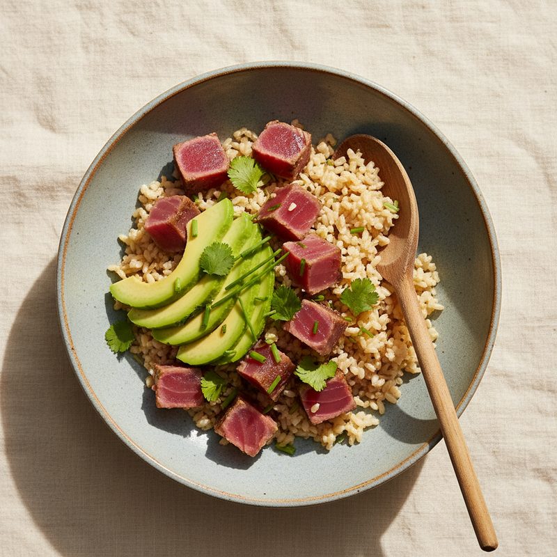 Bowl de atún, arroz integral y palta