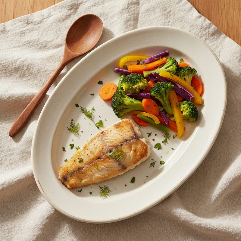 Merluza a la plancha con verduras al vapor