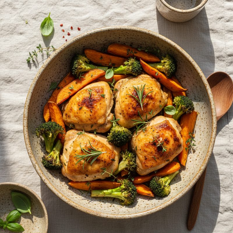 Pollo al horno con boniato y brócoli