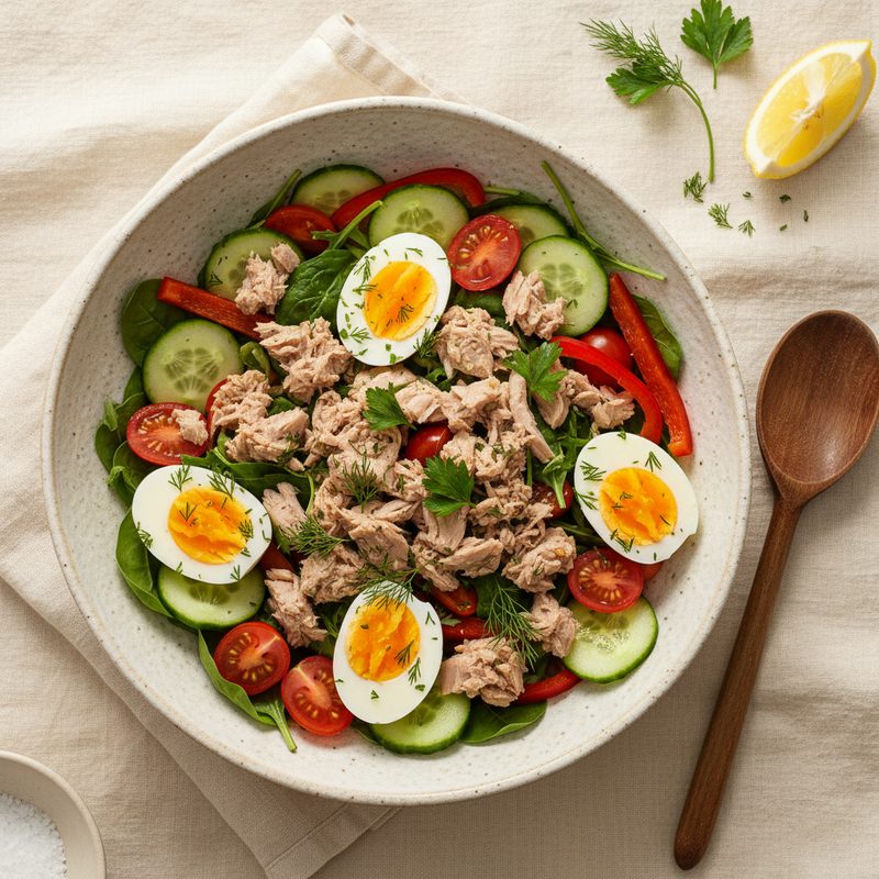 Ensalada completa de huevo, atún y vegetales
