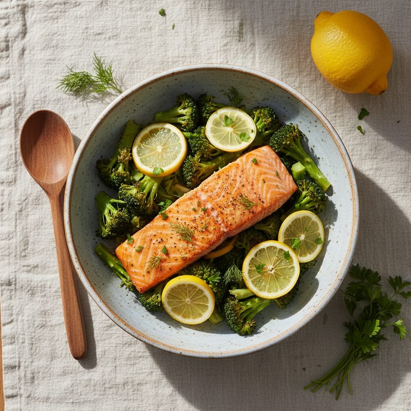Salmón al horno con brócoli y limón