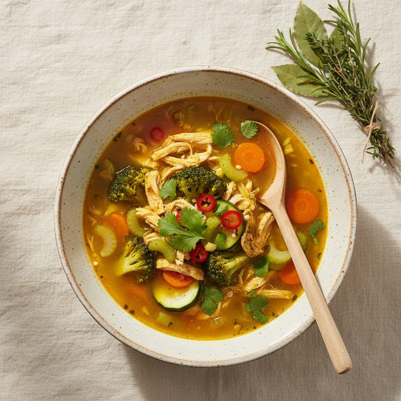 Caldo depurativo de pollo, verduras y cúrcuma