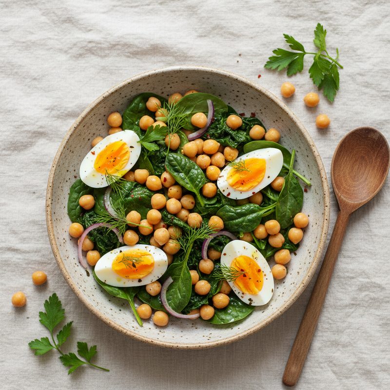 Ensalada tibia de garbanzos, espinaca y huevo
