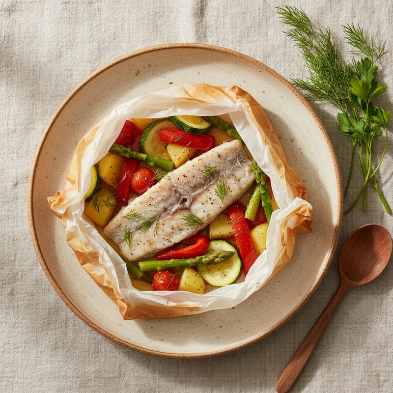 Merluza al papillote con vegetales