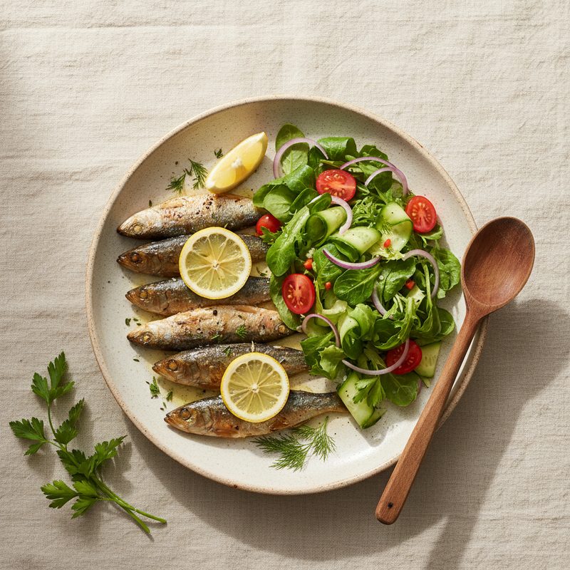 Sardinas al horno con ensalada verde