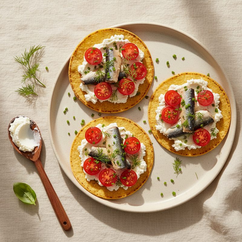 Tostada de ricota, tomate y sardina