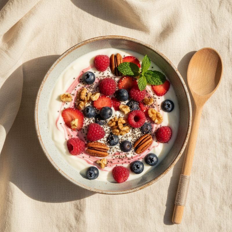 Yogur natural con frutos rojos y nueces